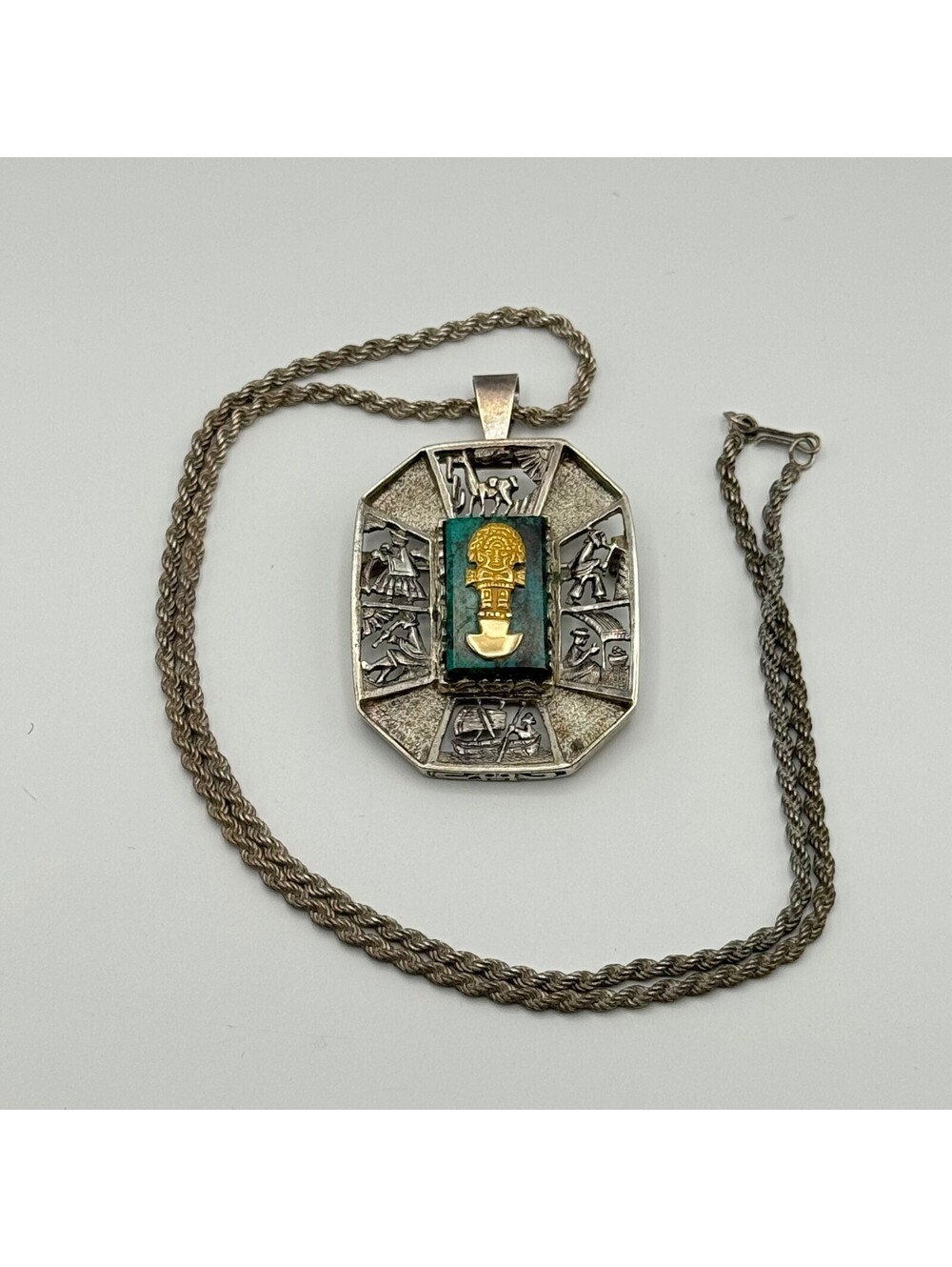 Sterling Silver, 18K Gold, Azurite Peruvian Necklace and Pendant